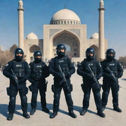 A team of anti-riot police officers in full gear on a clear day in Iran with iconic architecture in the background.