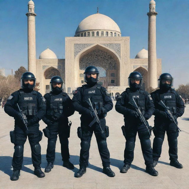 A team of anti-riot police officers in full gear on a clear day in Iran with iconic architecture in the background.