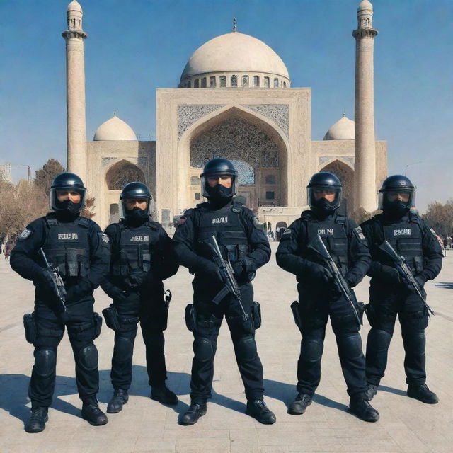 A team of anti-riot police officers in full gear on a clear day in Iran with iconic architecture in the background.