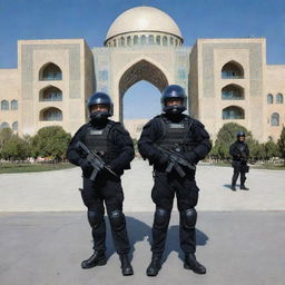 A team of anti-riot police officers in full gear on a clear day in Iran with iconic architecture in the background.