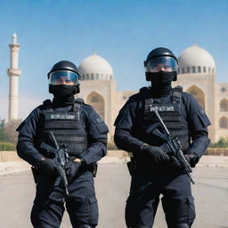 A team of anti-riot police officers in full gear on a clear day in Iran with iconic architecture in the background.