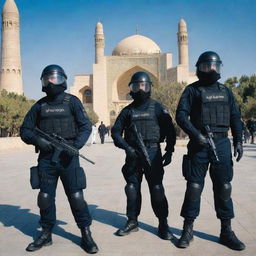 A team of anti-riot police officers in full gear on a clear day in Iran with iconic architecture in the background.