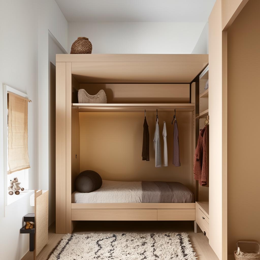 A compact bedroom design maximizing space utilization with multifunctional furniture and clever storage solutions, in a warm and inviting color palette.