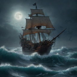 A chilling scene in the middle of the sea under the full moonlight showcasing a pirate ship being ensnared by the monstrous tentacles of the Kraken amidst merciless, creepy waves.