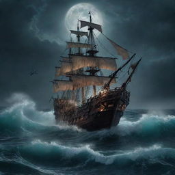 A chilling scene in the middle of the sea under the full moonlight showcasing a pirate ship being ensnared by the monstrous tentacles of the Kraken amidst merciless, creepy waves.