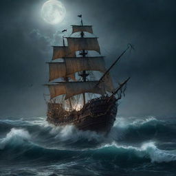 A chilling scene in the middle of the sea under the full moonlight showcasing a pirate ship being ensnared by the monstrous tentacles of the Kraken amidst merciless, creepy waves.