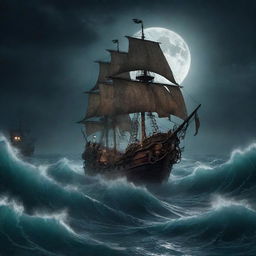 A chilling scene in the middle of the sea under the full moonlight showcasing a pirate ship being ensnared by the monstrous tentacles of the Kraken amidst merciless, creepy waves.