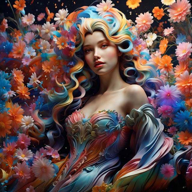 Hyper-realistic 3D Rococo photography of an ethereal goddess adorned in a vibrant floral gown, surrounded by flowers and captured in high definition close-up.