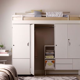 A compact bedroom design maximizing space utilization with multifunctional furniture and clever storage solutions, in a warm and inviting color palette.