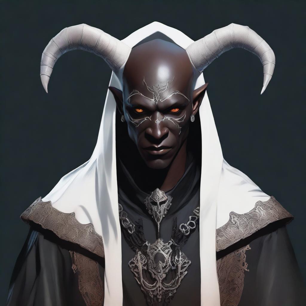 A high-quality digital art image of a black-skinned tiefling man