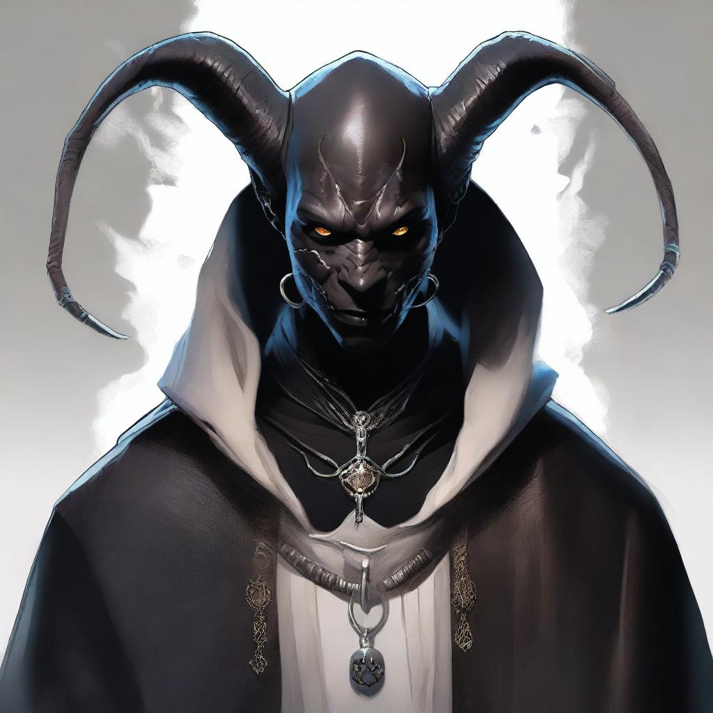 A high-quality digital art image of a black-skinned tiefling man