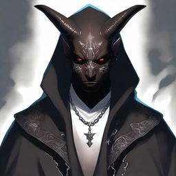 A high-quality digital art image of a black-skinned tiefling man