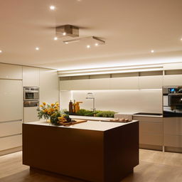 Sleek modular kitchen with state-of-the-art appliances and LED lighting, incorporating smart storage solutions and a central island.