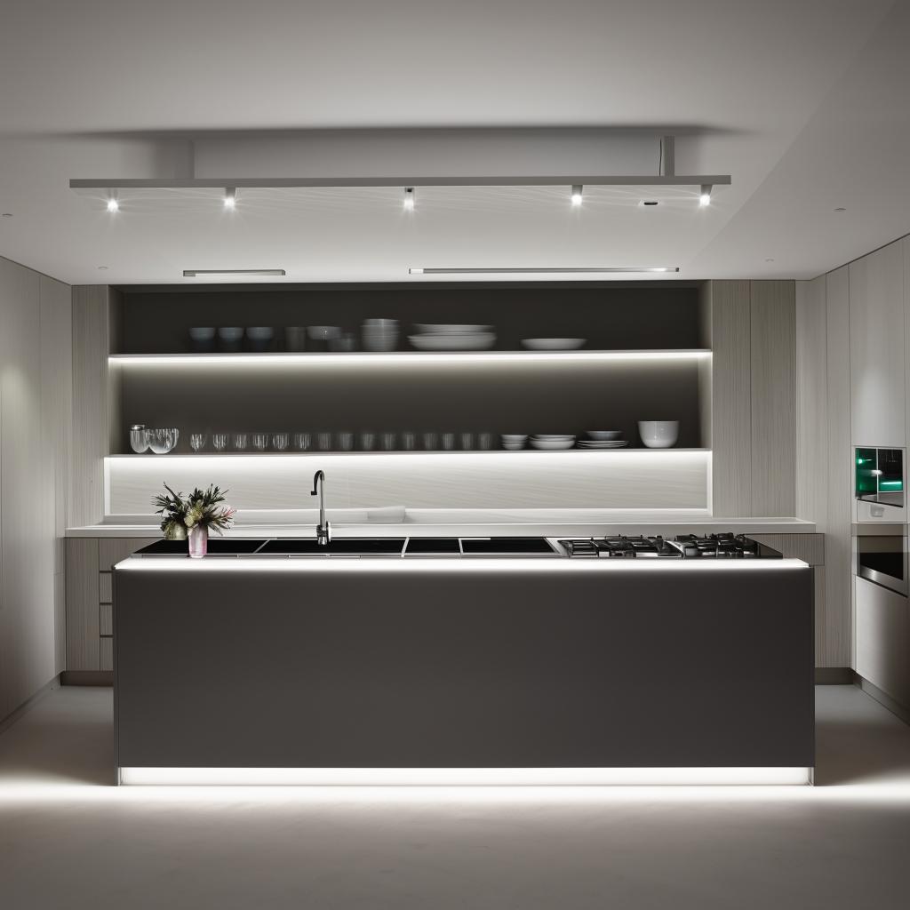 Sleek modular kitchen with state-of-the-art appliances and LED lighting, incorporating smart storage solutions and a central island.