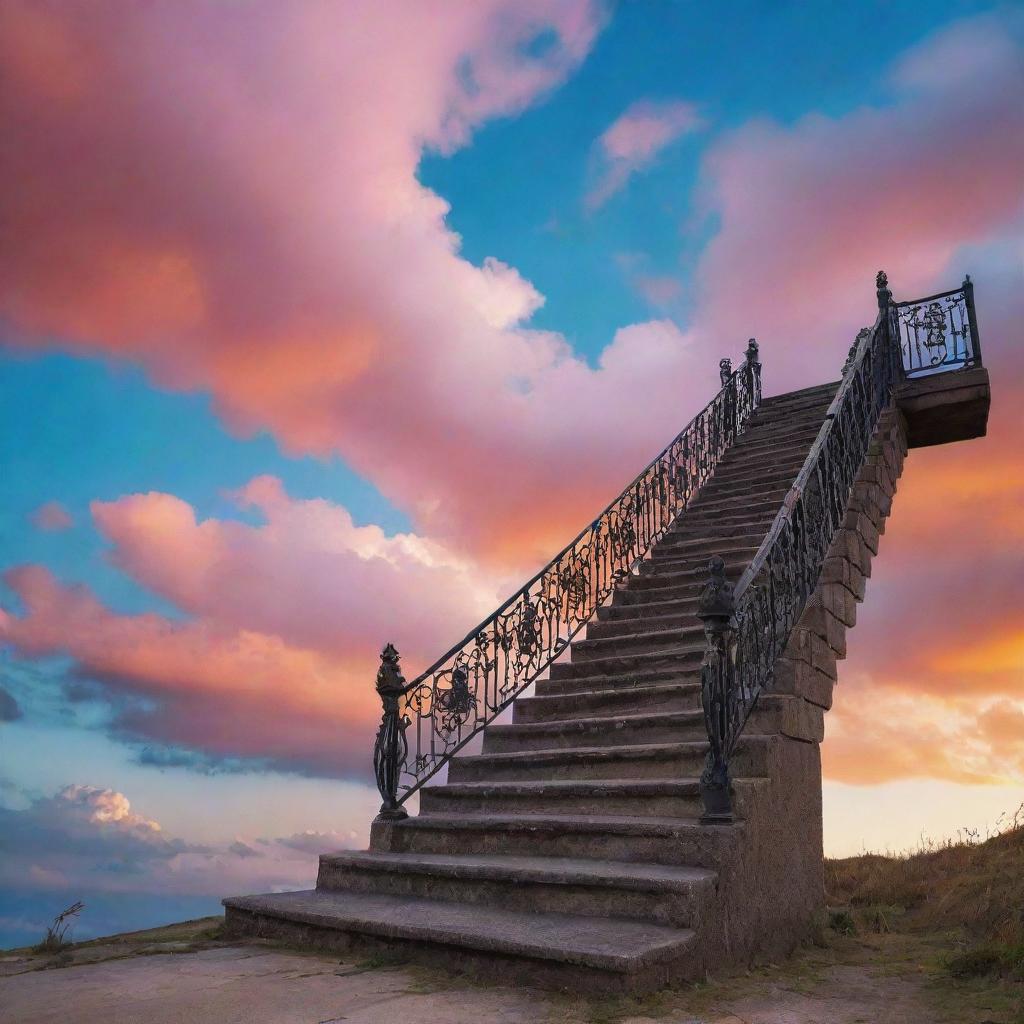 An intricate stairway ascending towards a surreal, vibrant sky