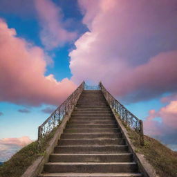 An intricate stairway ascending towards a surreal, vibrant sky