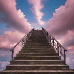 An intricate stairway ascending towards a surreal, vibrant sky