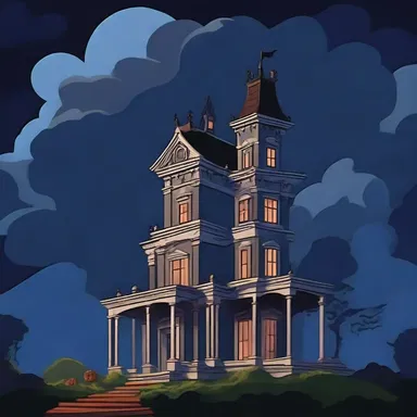 In the Halloween episode of the cartoon, a dark storm cloud brooded ominously over the haunted mansion.