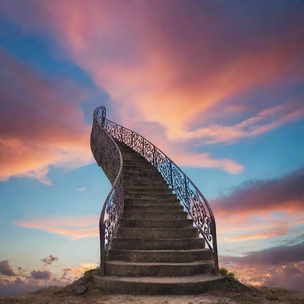 An intricate stairway ascending towards a surreal, vibrant sky