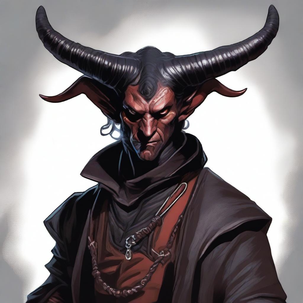 Ilustración digital de alta calidad de un hombre tiefling caucásico con piel negra azabache