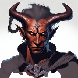 Ilustración digital de alta calidad de un hombre tiefling caucásico con piel negra azabache