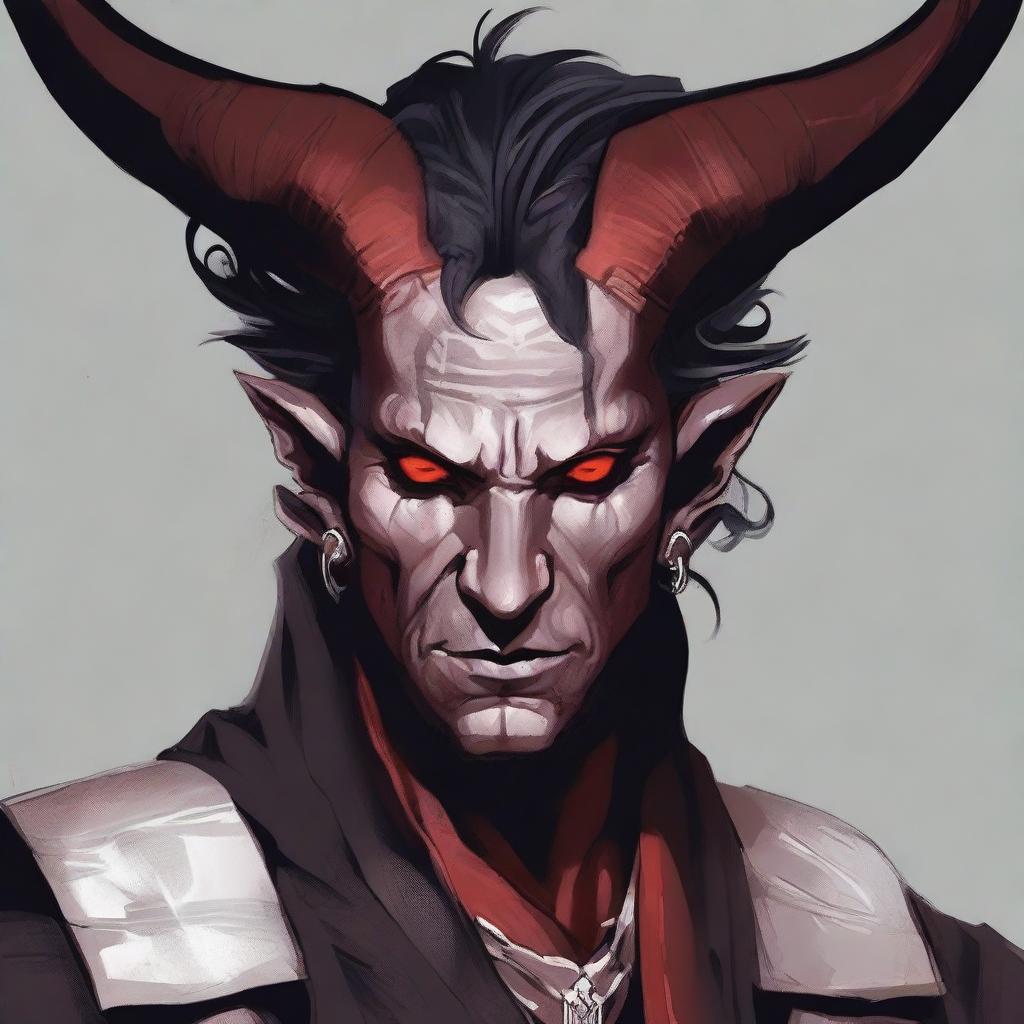 Ilustración digital de alta calidad de un hombre tiefling caucásico con piel negra azabache