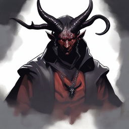 Ilustración digital de alta calidad de un hombre tiefling caucásico con piel negra azabache