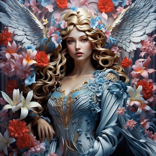 Hyper-realistic 3D rococo photography of an ethereal angel goddess surrounded by vibrant flowers in a close-up shot exuding fantasy vibes.