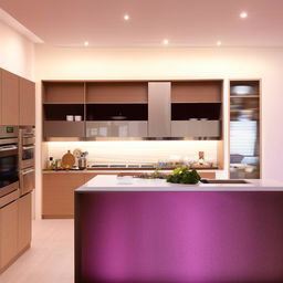 Sleek modular kitchen with state-of-the-art appliances and LED lighting, incorporating smart storage solutions and a central island.