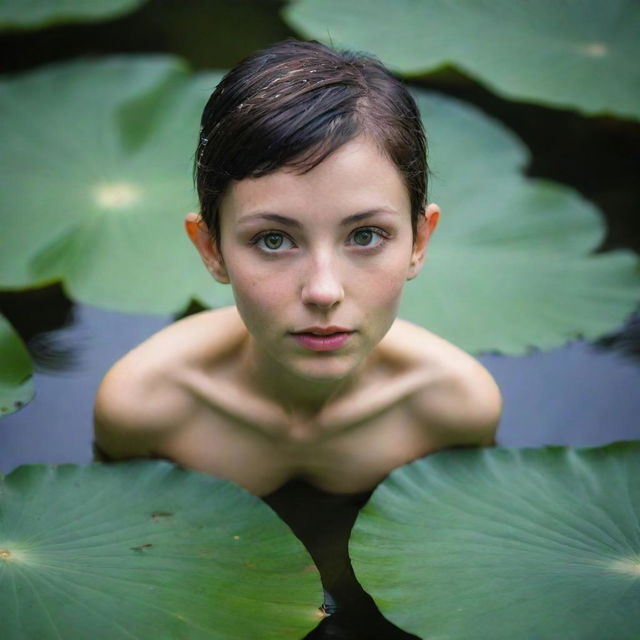 An intense, ultra-close up composition of a pixie, imbued with otherworldly ethereal beauty, delicately floating down a mystical river on a lotus leaf.