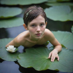 An intense, ultra-close up composition of a pixie, imbued with otherworldly ethereal beauty, delicately floating down a mystical river on a lotus leaf.