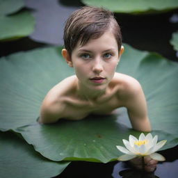 An intense, ultra-close up composition of a pixie, imbued with otherworldly ethereal beauty, delicately floating down a mystical river on a lotus leaf.