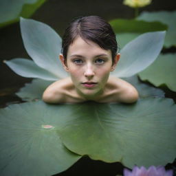 An intense, ultra-close up composition of a pixie, imbued with otherworldly ethereal beauty, delicately floating down a mystical river on a lotus leaf.