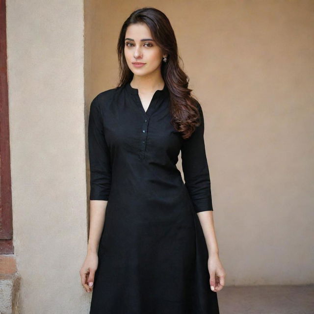 A beautiful girl decked in a black kurta and pants.