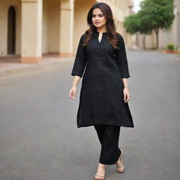 A beautiful girl decked in a black kurta and pants.