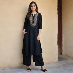 A beautiful girl decked in a black kurta and pants.