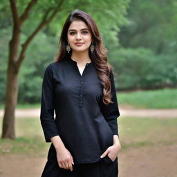 A beautiful girl decked in a black kurta and pants.