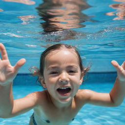 A young child swimming with an expression of joy and adventure in a crystal-clear swimming pool.
