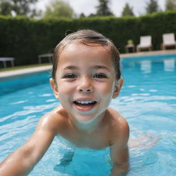 A young child swimming with an expression of joy and adventure in a crystal-clear swimming pool.