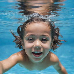 A young child swimming with an expression of joy and adventure in a crystal-clear swimming pool.