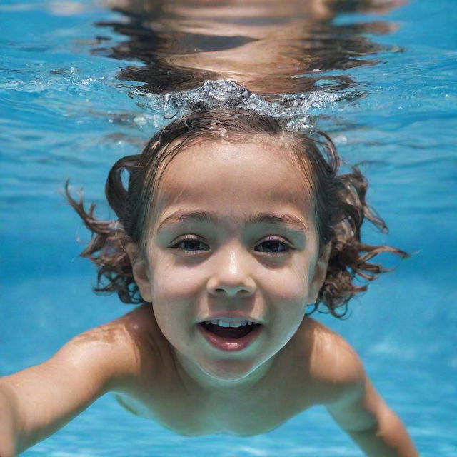 A young child swimming with an expression of joy and adventure in a crystal-clear swimming pool.