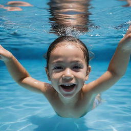 A young child swimming with an expression of joy and adventure in a crystal-clear swimming pool.