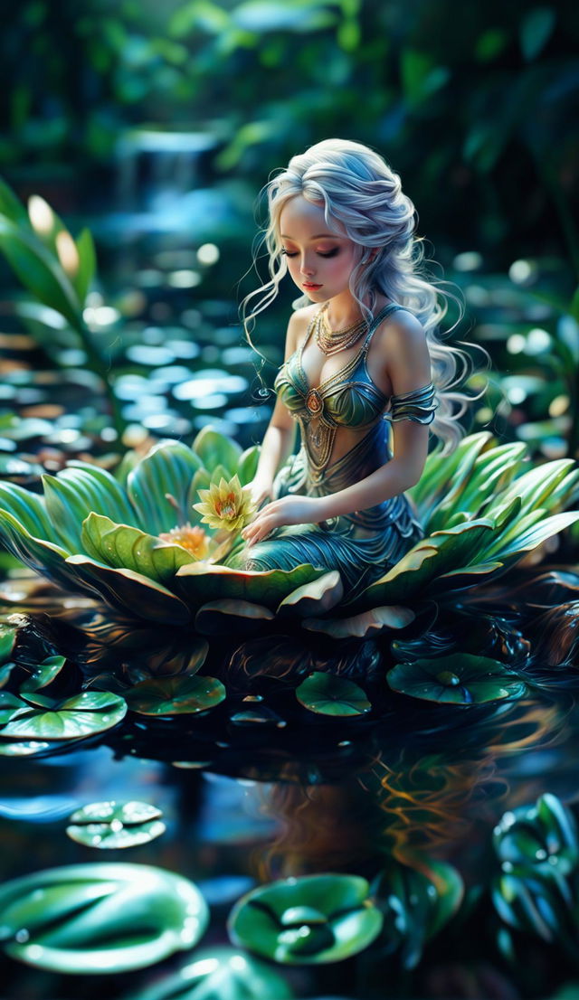 Ultra-close up digital art of a tiny goddess floating on a lotus leaf down a river, surrounded by an ethereal, otherworldly environment.