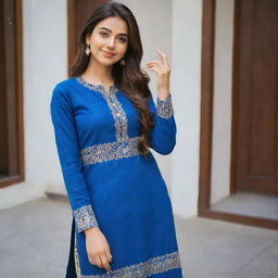 A beautiful girl taking a selfie while dressed in a blue kurta and pants.