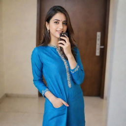 A beautiful girl taking a selfie while dressed in a blue kurta and pants.