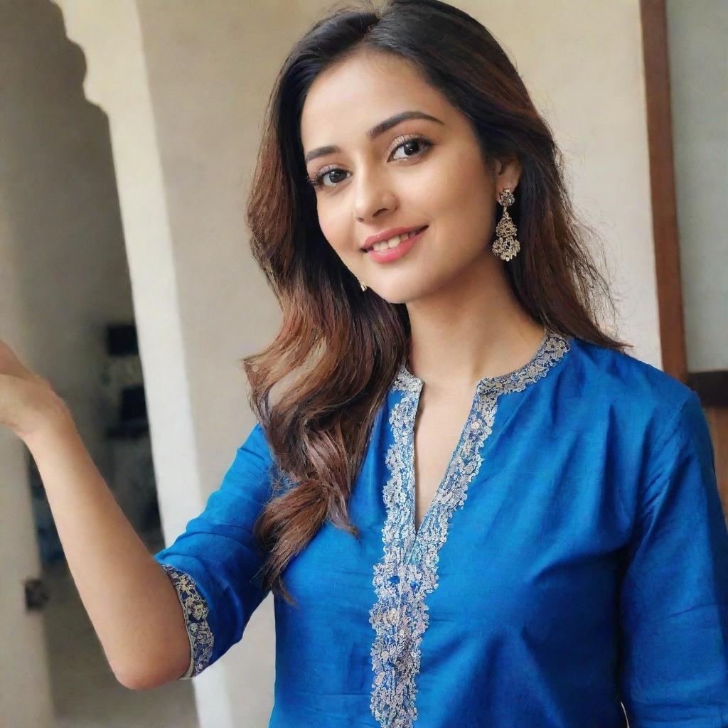 A beautiful girl taking a selfie while dressed in a blue kurta and pants.