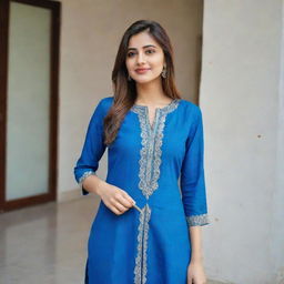 A beautiful girl taking a selfie while dressed in a blue kurta and pants.