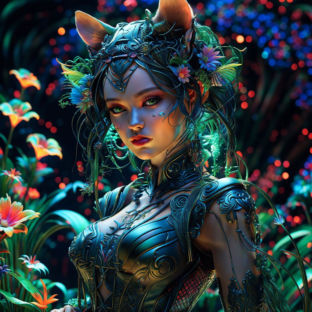 A close-up, hyper-realistic 3D photograph of a Rococo-inspired cyberpunk cat woman with pronounced feline features. She is surrounded by a fantasy aesthetic of bioluminescent flowers, vibrant colours, and stunning lighting effects.