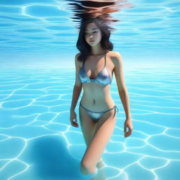 A high-quality 3D illustration showcasing a beautiful girl dressed in a bikini, standing in a crystal-clear swimming pool