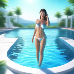 A high-quality 3D illustration showcasing a beautiful girl dressed in a bikini, standing in a crystal-clear swimming pool